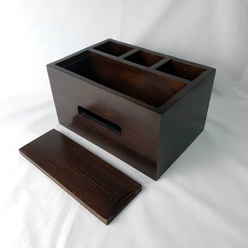 Handmade Vintage Style Wooden Tissue Box With Three Utensil Holders, Teak Wood Furniture, Hankie Box