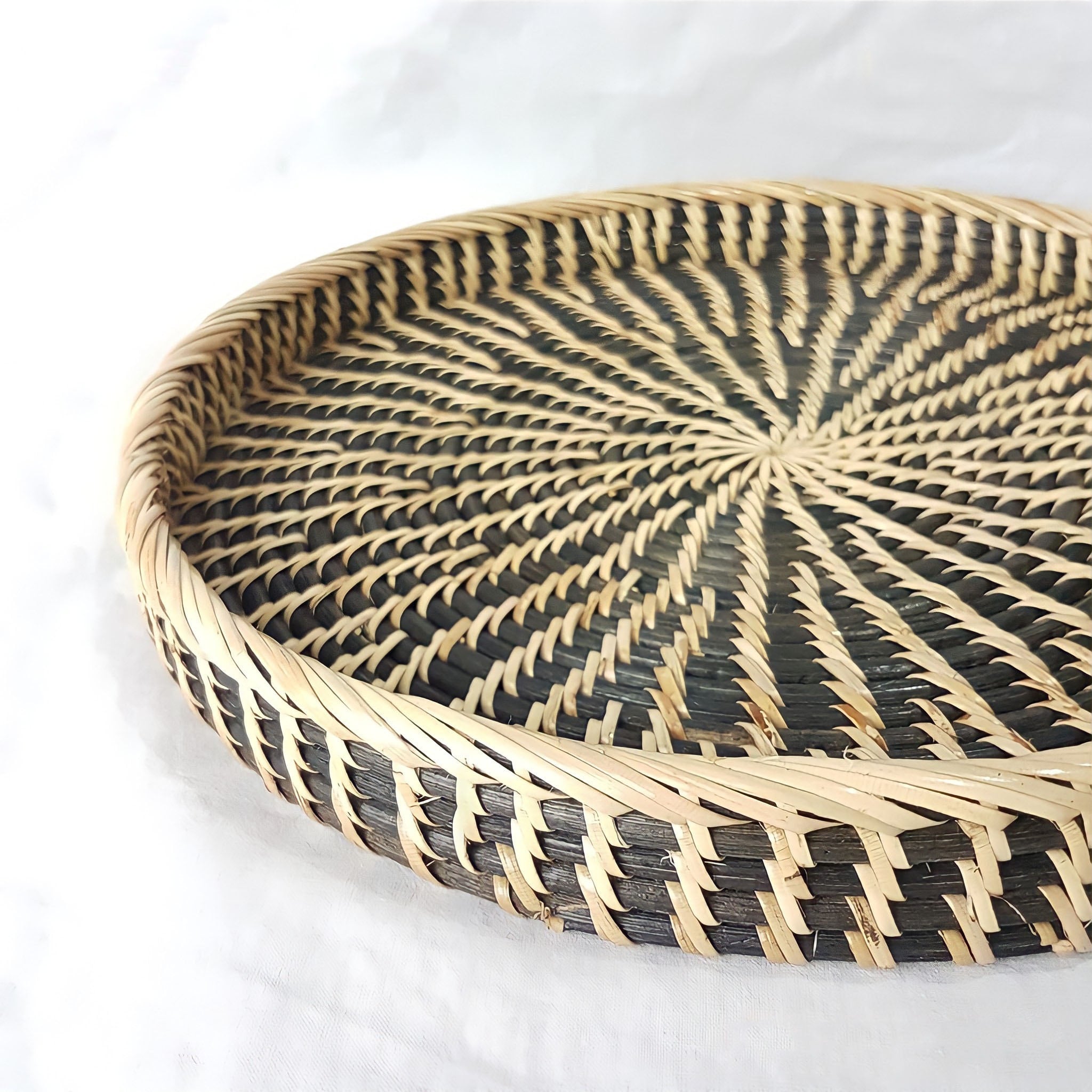 Handwoven Dual Tone Rattan Round Tray, Ottoman Tray, Coffee Table Tray, Round Boho Wicker Serving Tray for Table