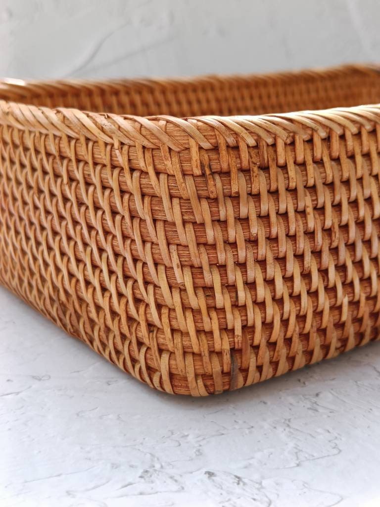 Handcrafted Rectangular Rattan Storage Box, Boho Straw Basket, Guest Towel Holder, Natural Home Decor