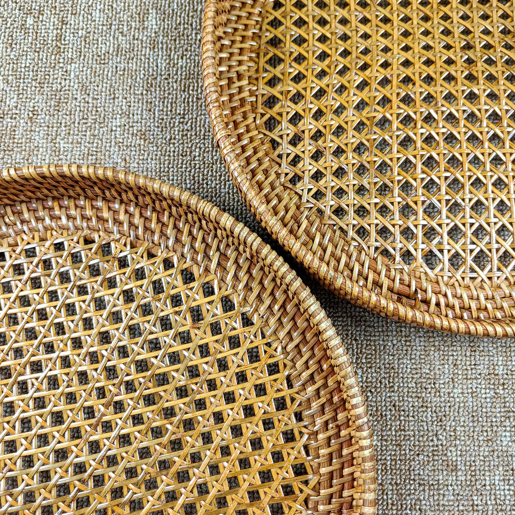 Brown Round Rattan Webbing Tray for Coffee Table, Ottoman Tray, Wicker Boho Decorative Tray