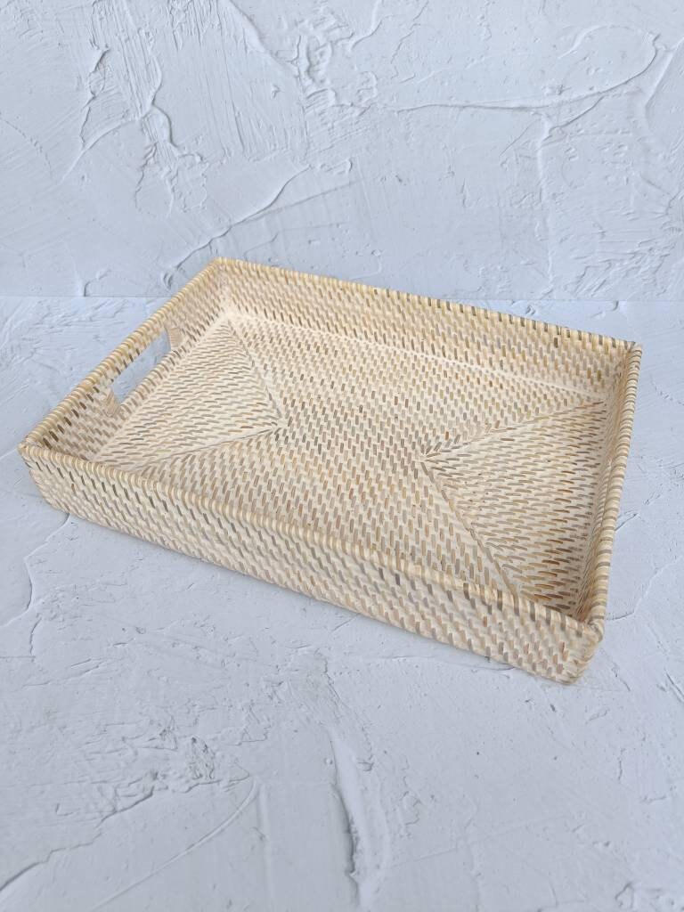 Serving Tray, White Wash Rectangular Rattan Tray With Cut Out Handle, Breakfast Tray
