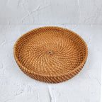 Brown Round Rattan tray, Handmade Handle Less Wicker Rattan Tray Set