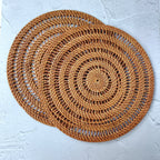 Set of 4 Honey Brown Spiral Round Rattan Placemats, Bohemian Placemats With Mesh Pattern, Home Decor Ideas