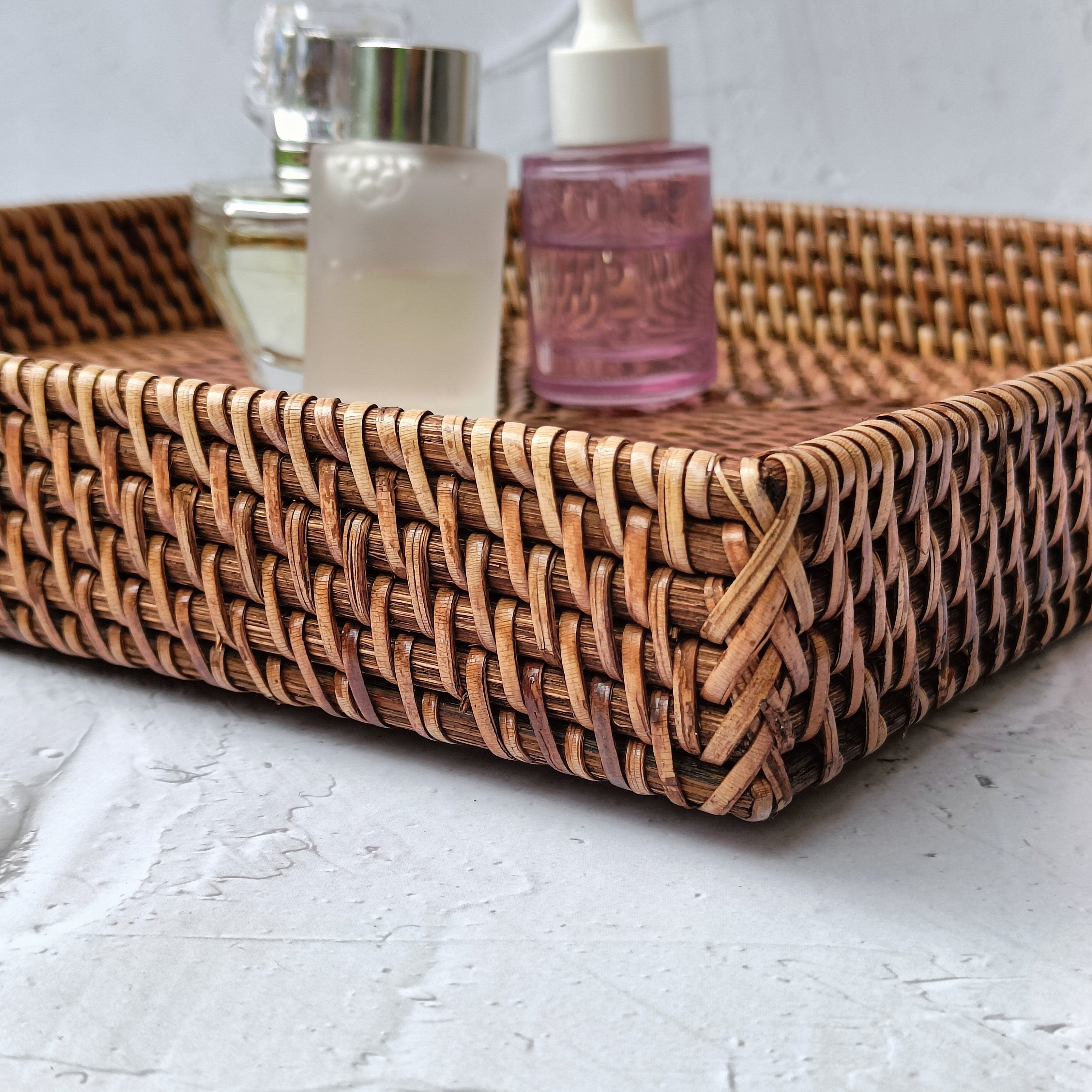 Aesthetic Dark Brown Woven Rattan Square Tray, Straw Serving Tray, Decorative Boho Tray for Table Decor