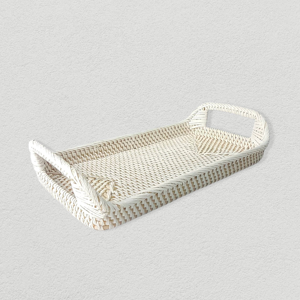 Rectangular Rattan White Tray - Wicker Serving Tray - Boho Tray For Coffee Table - Natural Home Decor