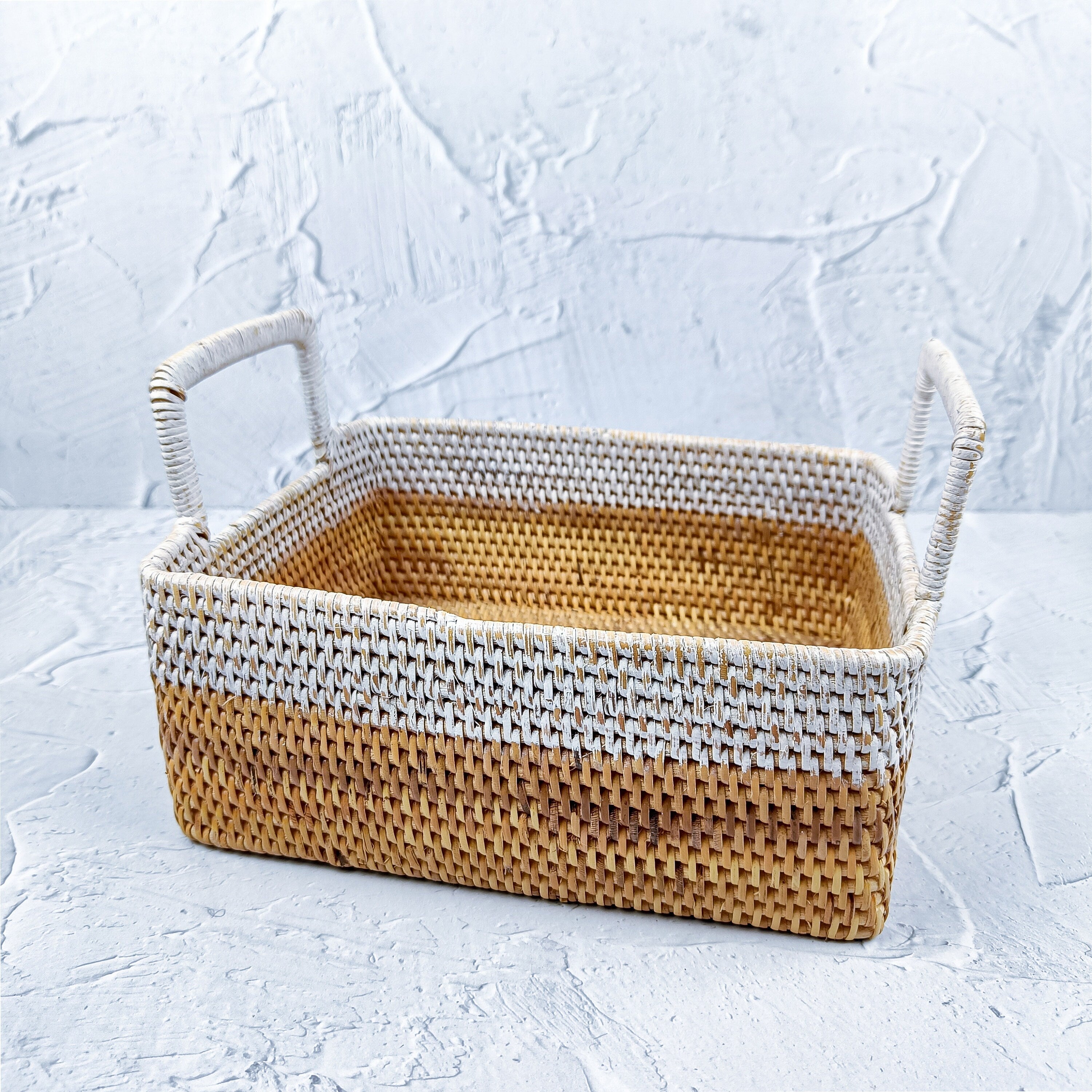 Rectangular Two-Tone Rattan Decorative Serving & Storage Tray with High Handles