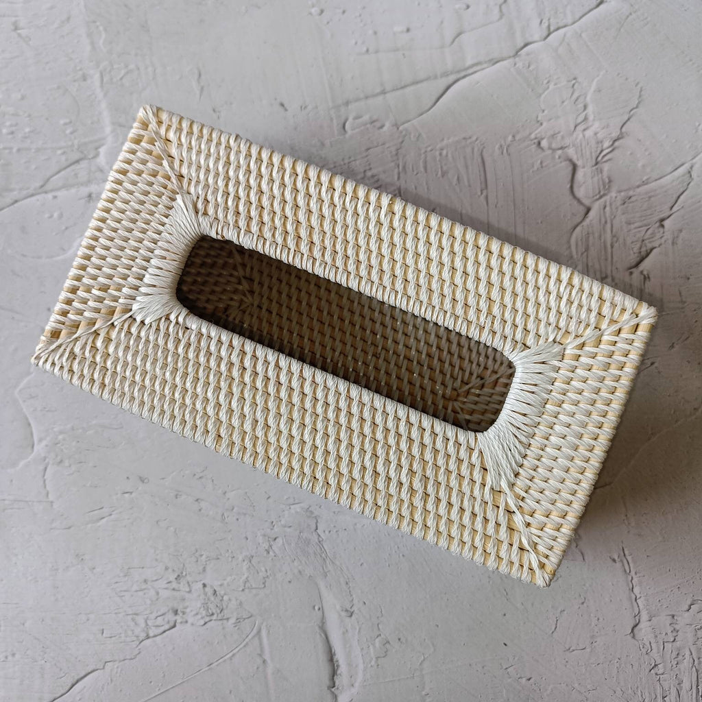 Handmade Rectangular White Rattan Tissue Box Cover, Natural Table Decor, Bathroom Decoration