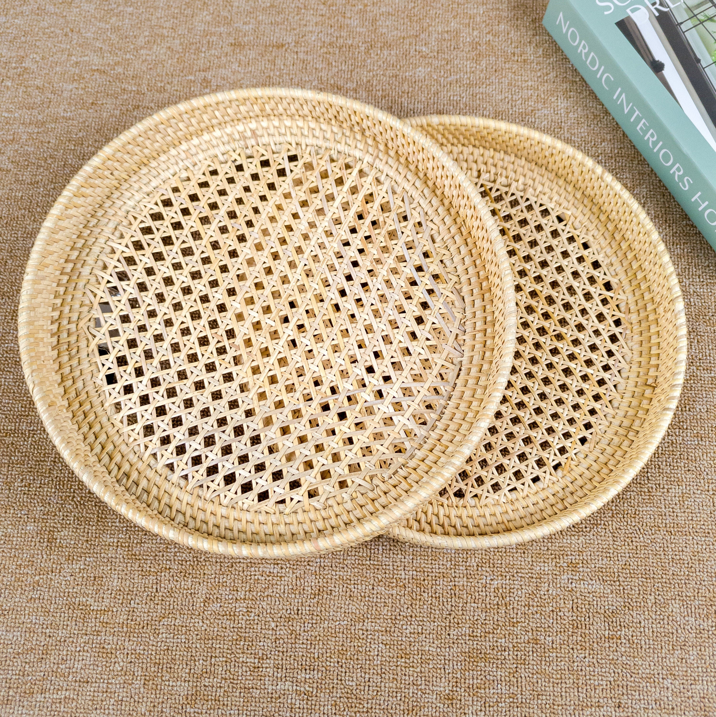 Natural Round Rattan Webbing Tray, Coffee Table Tray, Ottoman Tray, Wicker Boho Serving Tray For Table