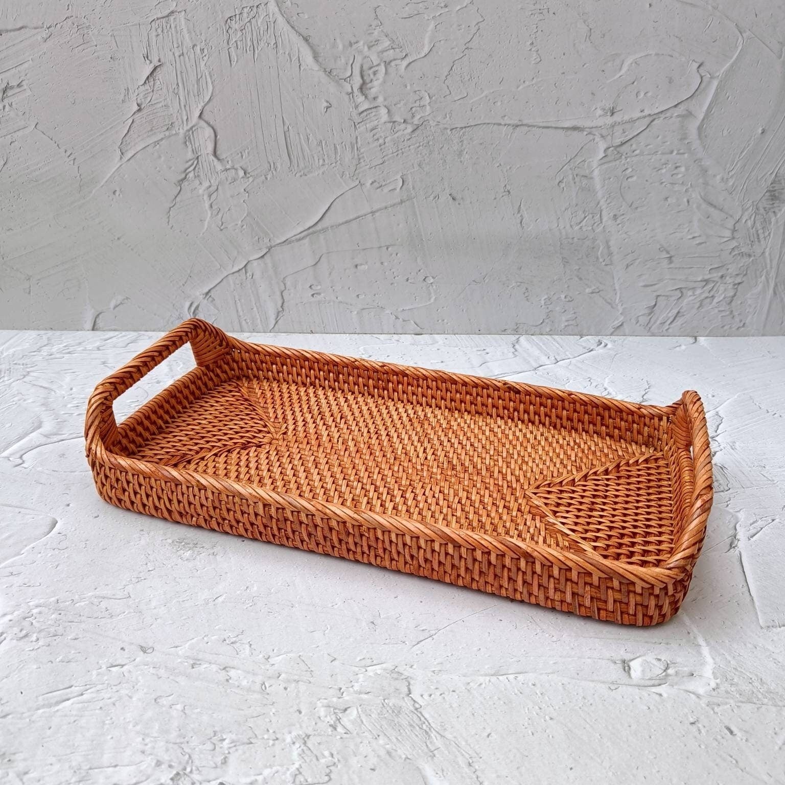 Vintage-Style Brown Rectangular Rattan Tray - Great for Perfumes, Serving, Bedroom, and Coffee Tables