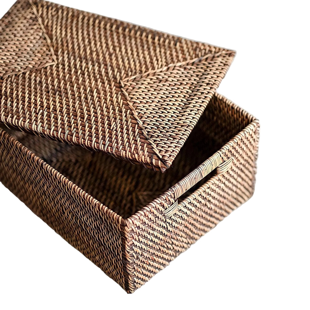 Authentic artisan-made Lombok rattan storage bin with lid, dark brown natural fiber box for sustainable home organization.
