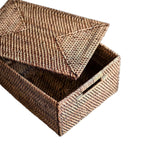 Authentic artisan-made Lombok rattan storage bin with lid, dark brown natural fiber box for sustainable home organization.