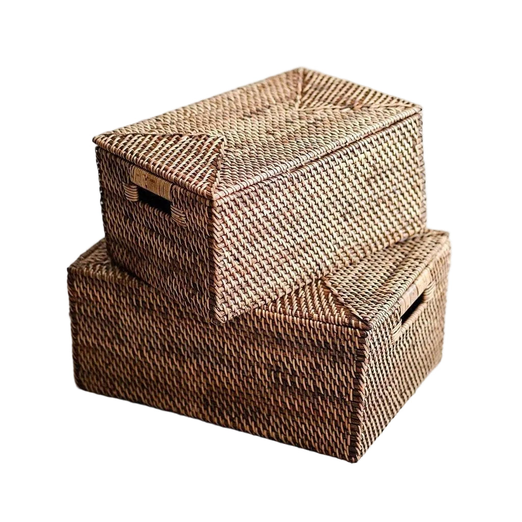 Handmade dark brown rattan storage box with lid, large rectangle wicker organizer for blankets and toys, crafted in Lombok Indonesia