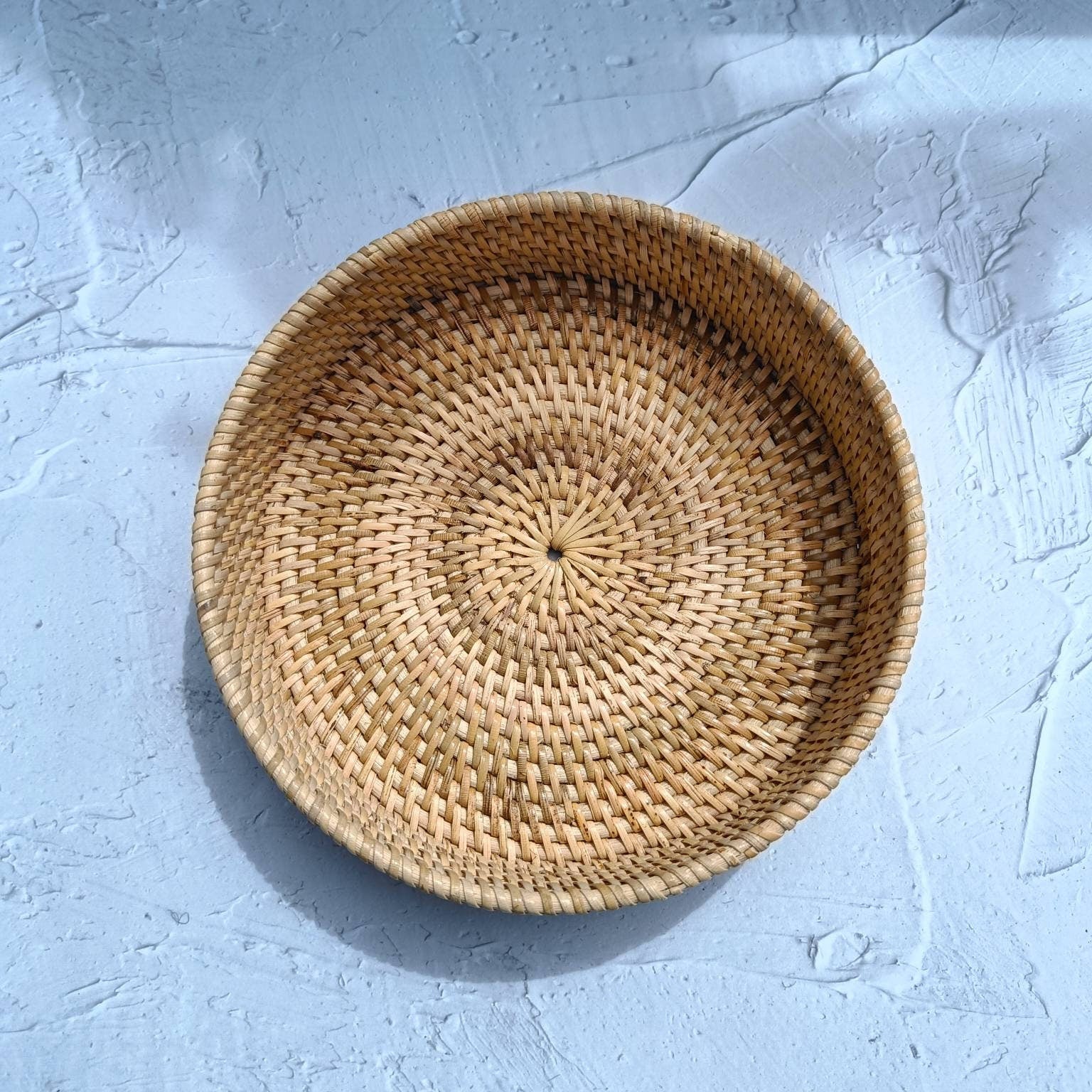 Small Natural Round Rattan Tray, Plaited Decorative Tray
