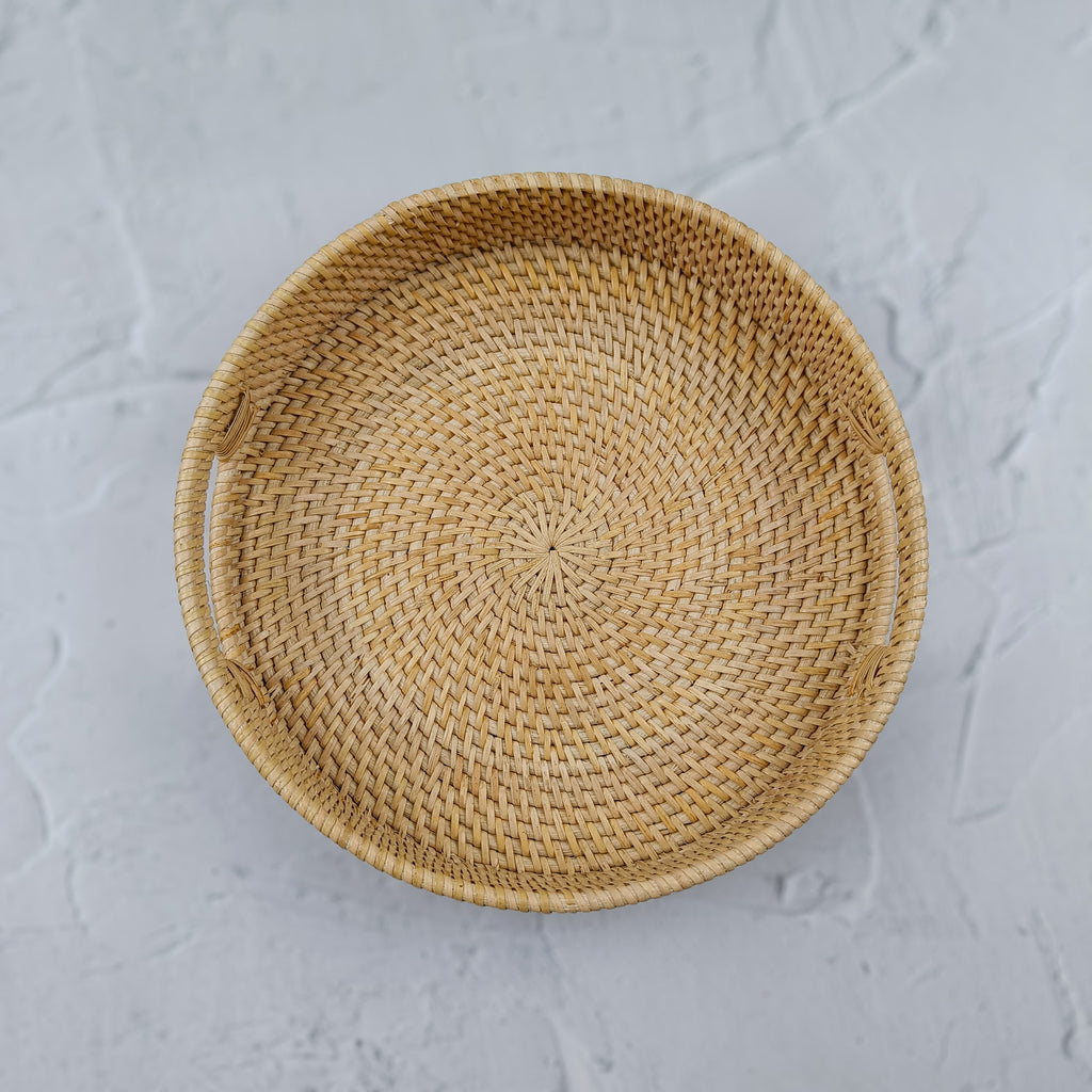 Handmade Natural Beige Rattan Tray with Insert Handles – Versatile Round Trays for Any Occasion – Available in 3 Sizes
