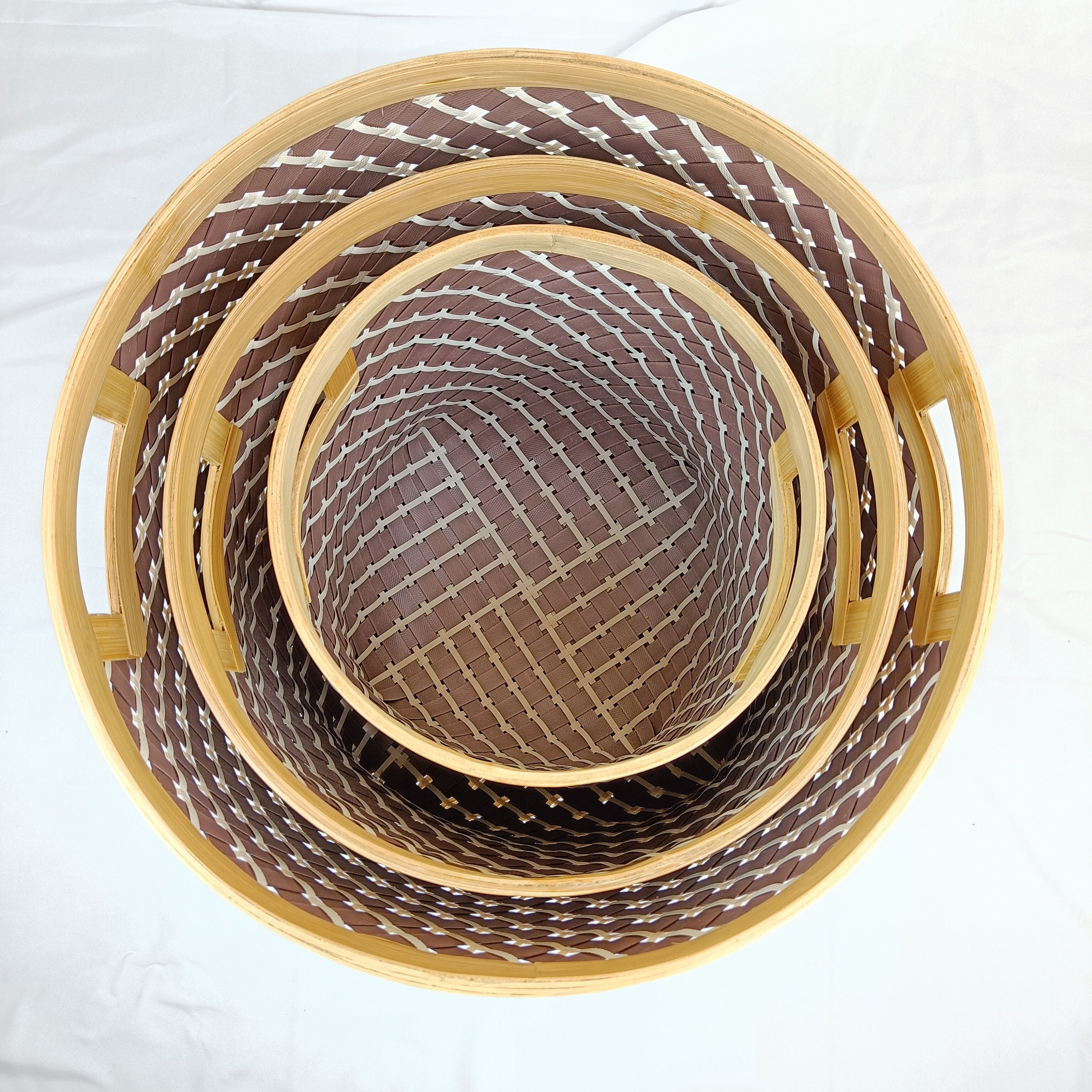 Set 3 Brown Round Bamboo Laundry Basket With Handle, Large Wicker Plant Stand