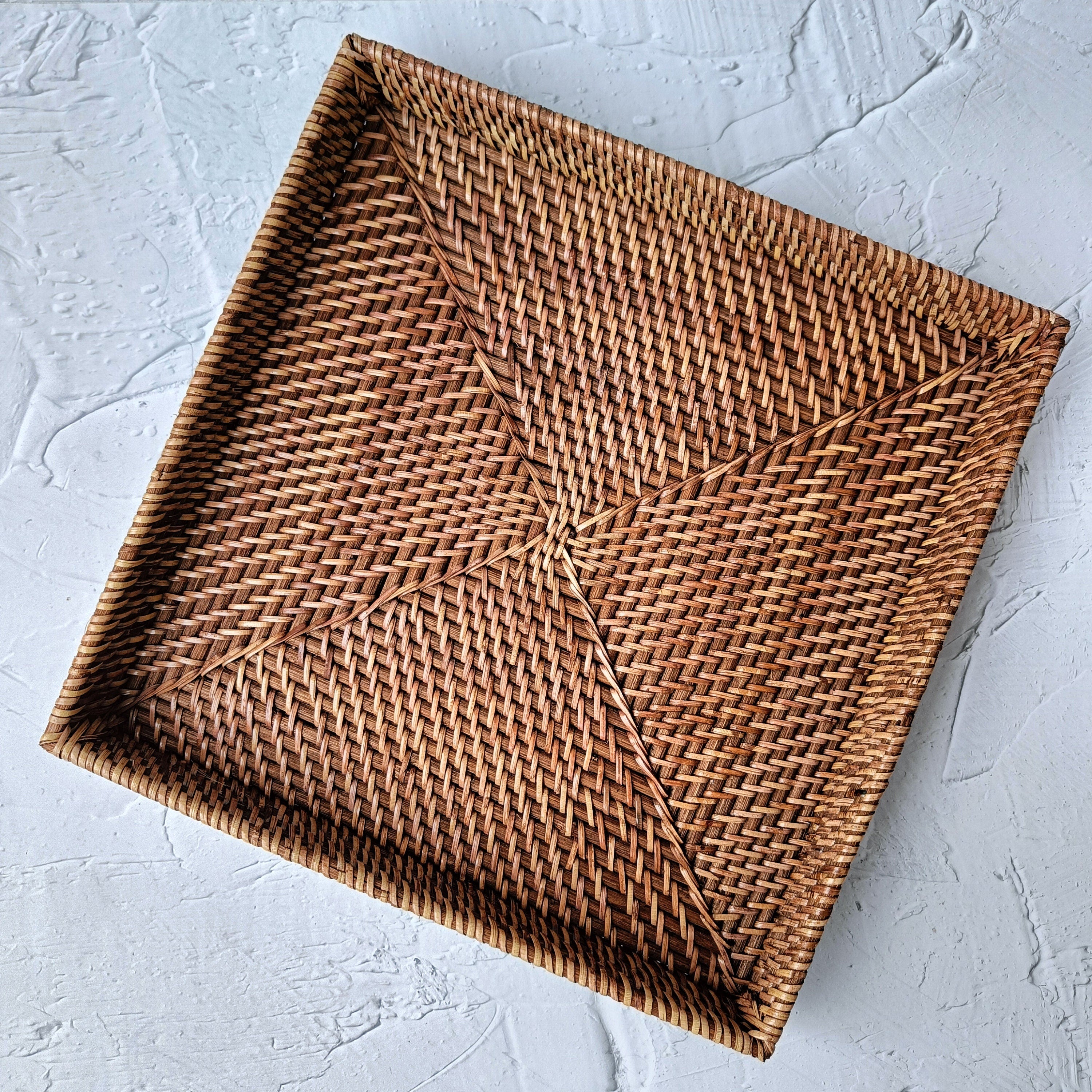 Aesthetic Dark Brown Woven Rattan Square Tray, Straw Serving Tray, Decorative Boho Tray for Table Decor