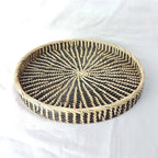 Handwoven Dual Tone Rattan Round Tray, Ottoman Tray, Coffee Table Tray, Round Boho Wicker Serving Tray for Table