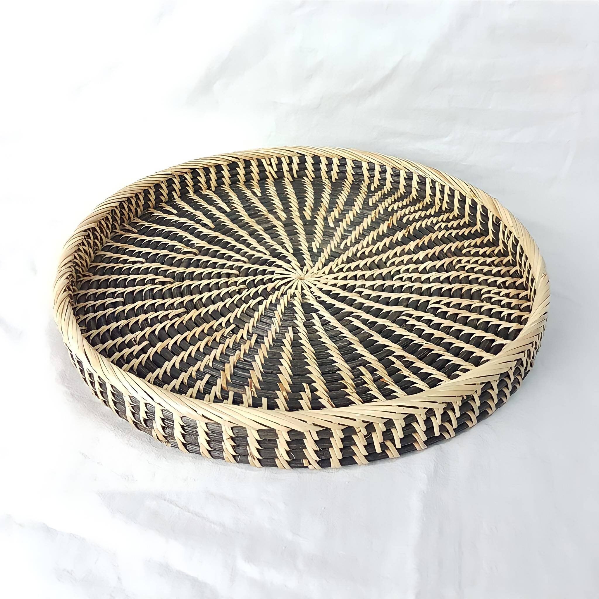Handwoven Dual Tone Rattan Round Tray, Ottoman Tray, Coffee Table Tray, Round Boho Wicker Serving Tray for Table