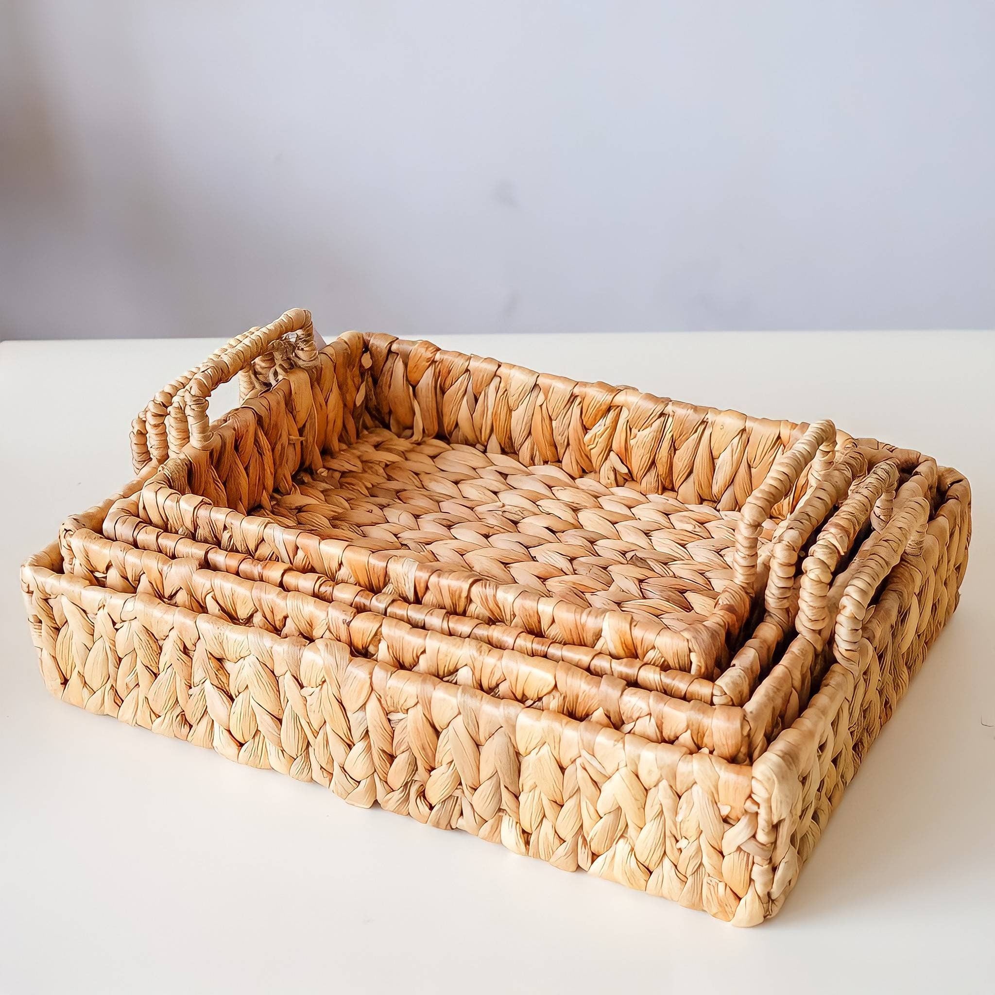 Woven Rectangular Water Hyacinth Tray With Iron Frame, Boho Tray for Table Decor, l Natural Home Decor, Straw Serving Tray