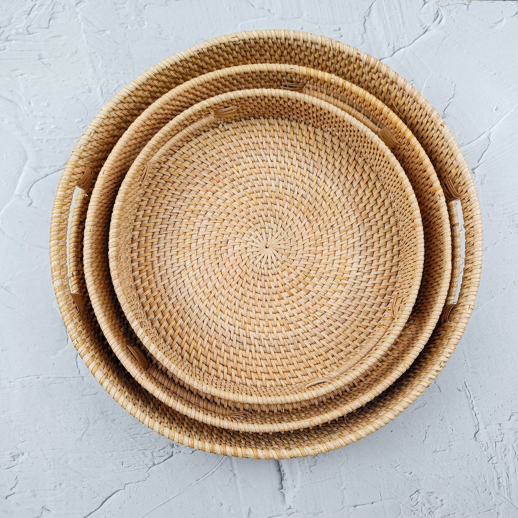 Handmade Natural Beige Rattan Tray with Insert Handles – Versatile Round Trays for Any Occasion – Available in 3 Sizes