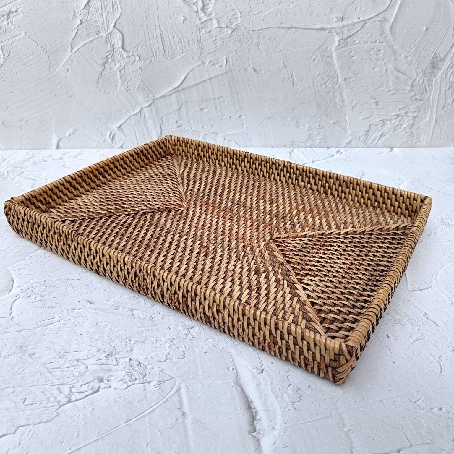 Non Handle Rectangular Rattan Spa Tray, Vintage Style Tray, Boho Room Decoration