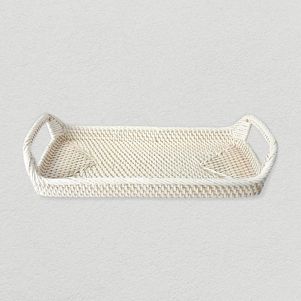 Rectangular Rattan White Tray - Wicker Serving Tray - Boho Tray For Coffee Table - Natural Home Decor