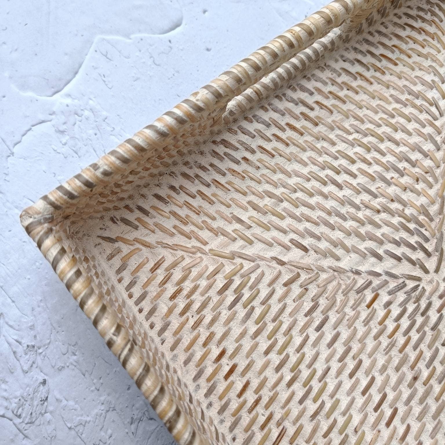 Serving Tray, White Wash Rectangular Rattan Tray With Cut Out Handle, Breakfast Tray