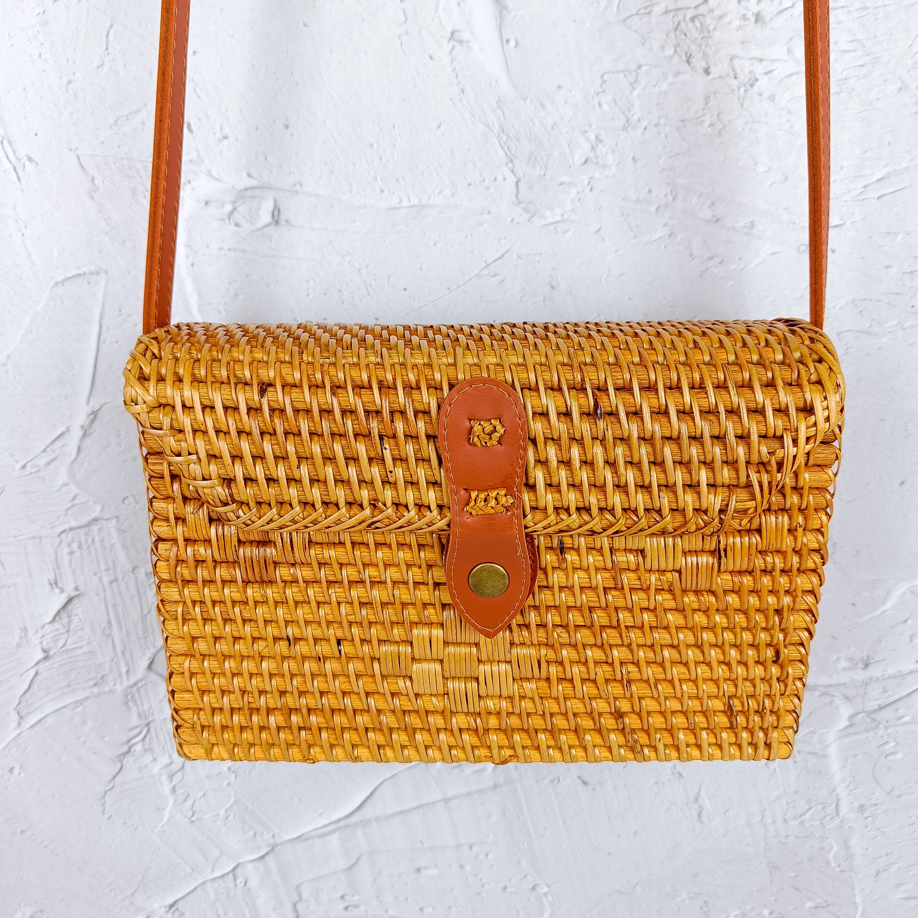 SEGI Handmade Rattan Bag With Leather Strap | Straw Woven Bag | Bohemian Crossbody Bag