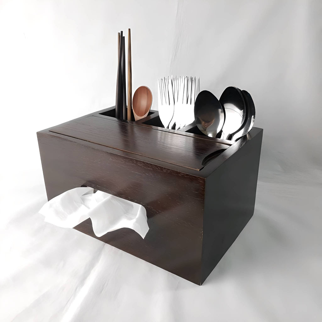 Handmade Vintage Style Wooden Tissue Box With Three Utensil Holders, Teak Wood Furniture, Hankie Box