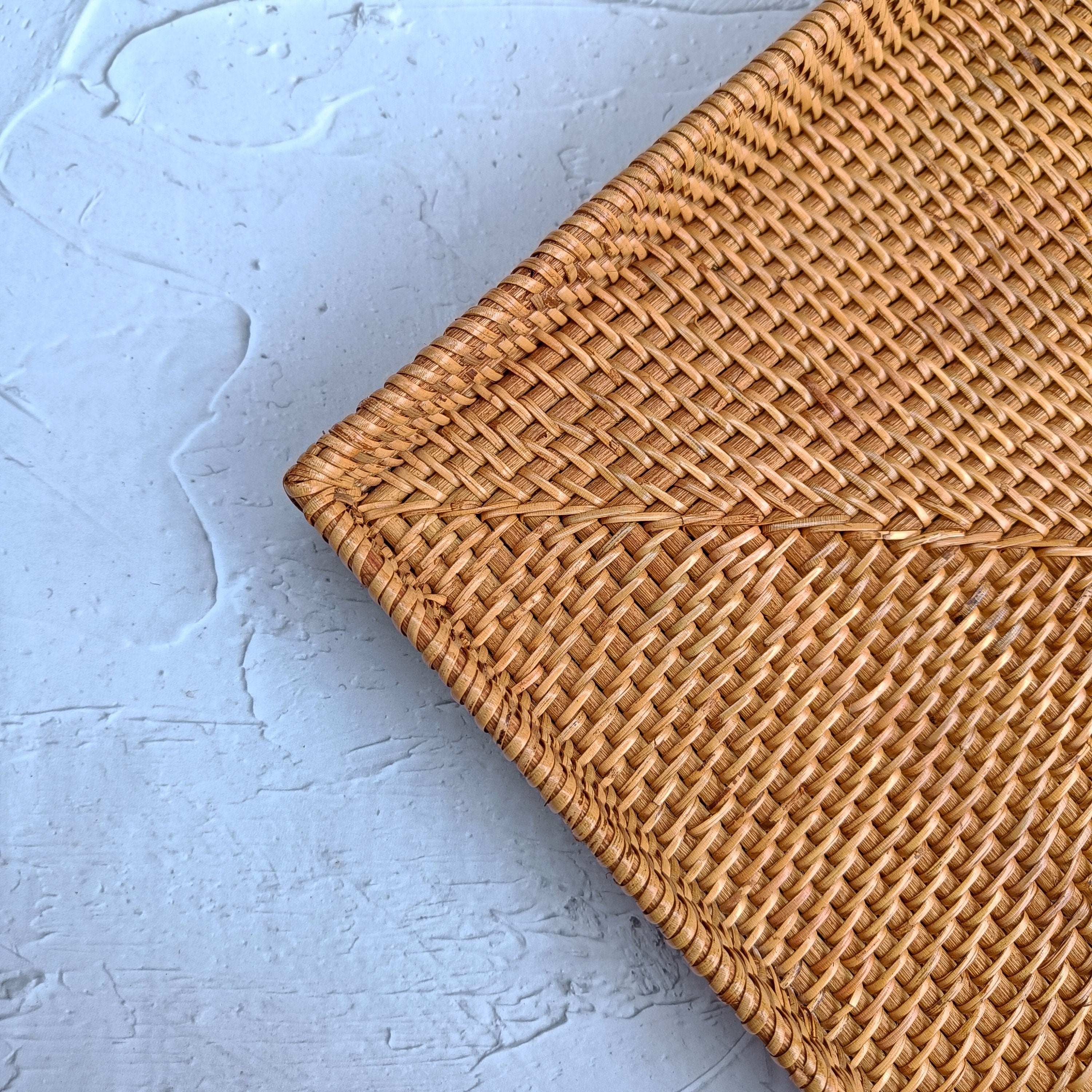 Aesthetic Hand Woven Honey Brown Rattan Square Tray, Decorative Boho Tray for Table Decor