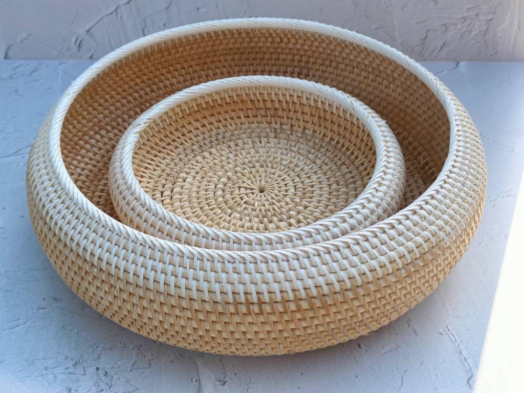 Handwoven Two Tone Round Rattan Bowl | Decorative Bowl | Fruit Basket | Round Boho Straw Serving Bowl for Table