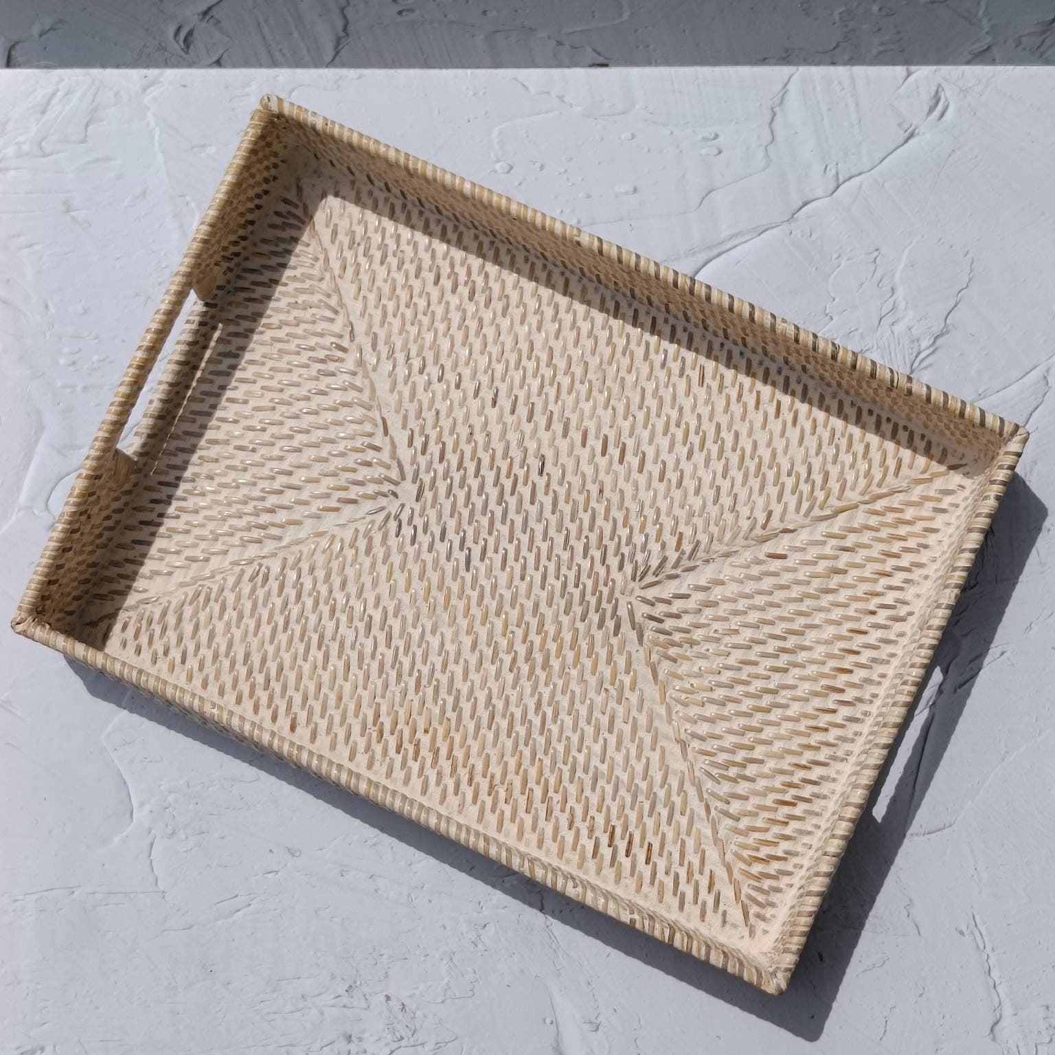 Serving Tray, White Wash Rectangular Rattan Tray With Cut Out Handle, Breakfast Tray