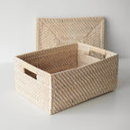 A Pair of White Woven Rattan Storage Box With Lid, Large Organizer Box, Wicker Rectangle Container