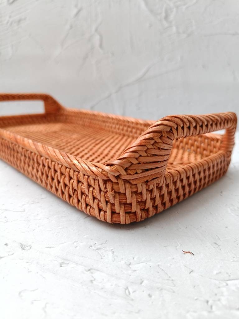Vintage-Style Brown Rectangular Rattan Tray - Great for Perfumes, Serving, Bedroom, and Coffee Tables