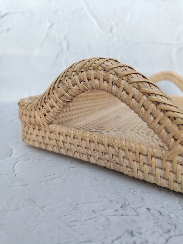 Handcrafted White Rattan Rectangle Tray With Round Handle, Wicker Serving Tray, Coffee Table Tray