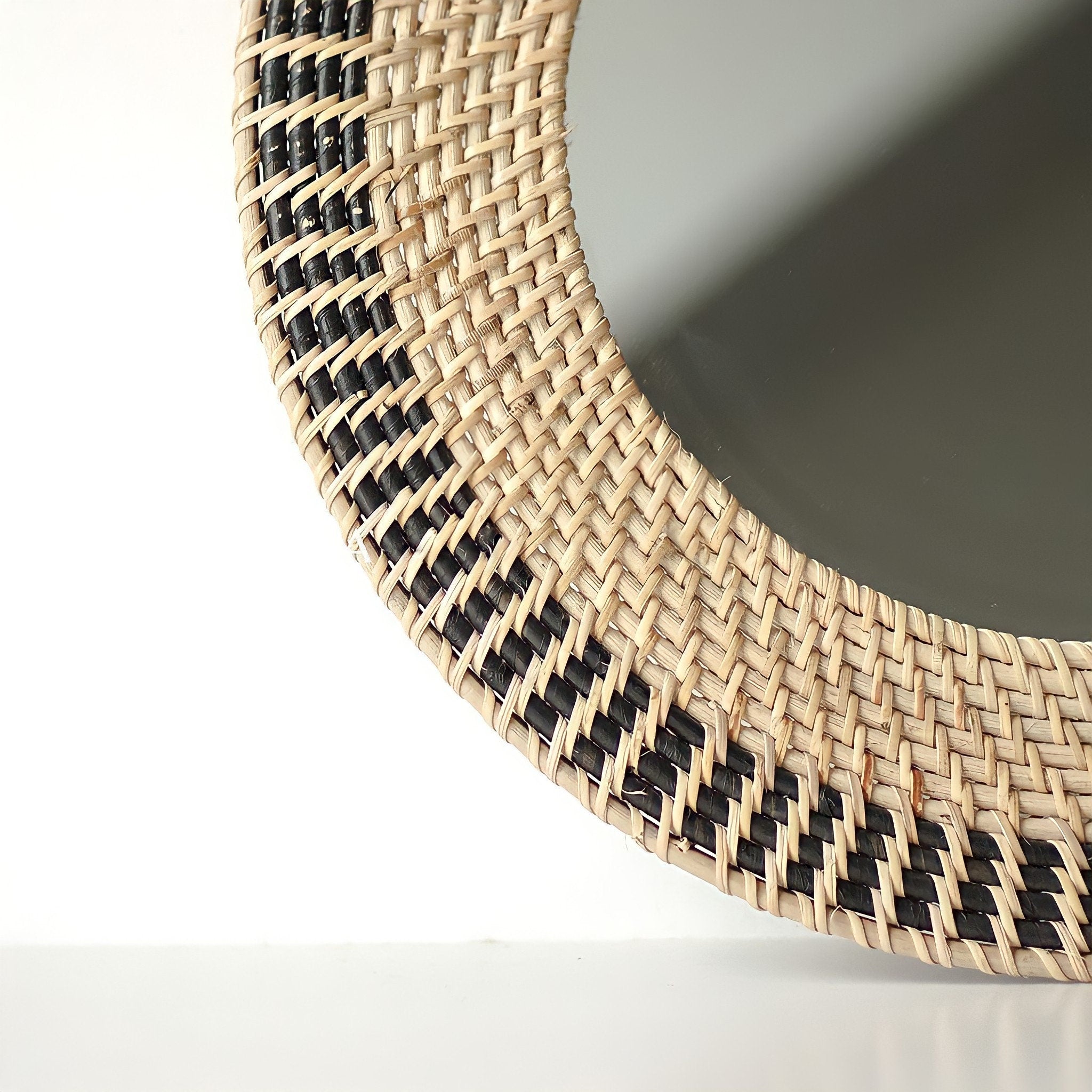 Dual Tone Round Rattan Mirror, Boho Natural Wall Decor
