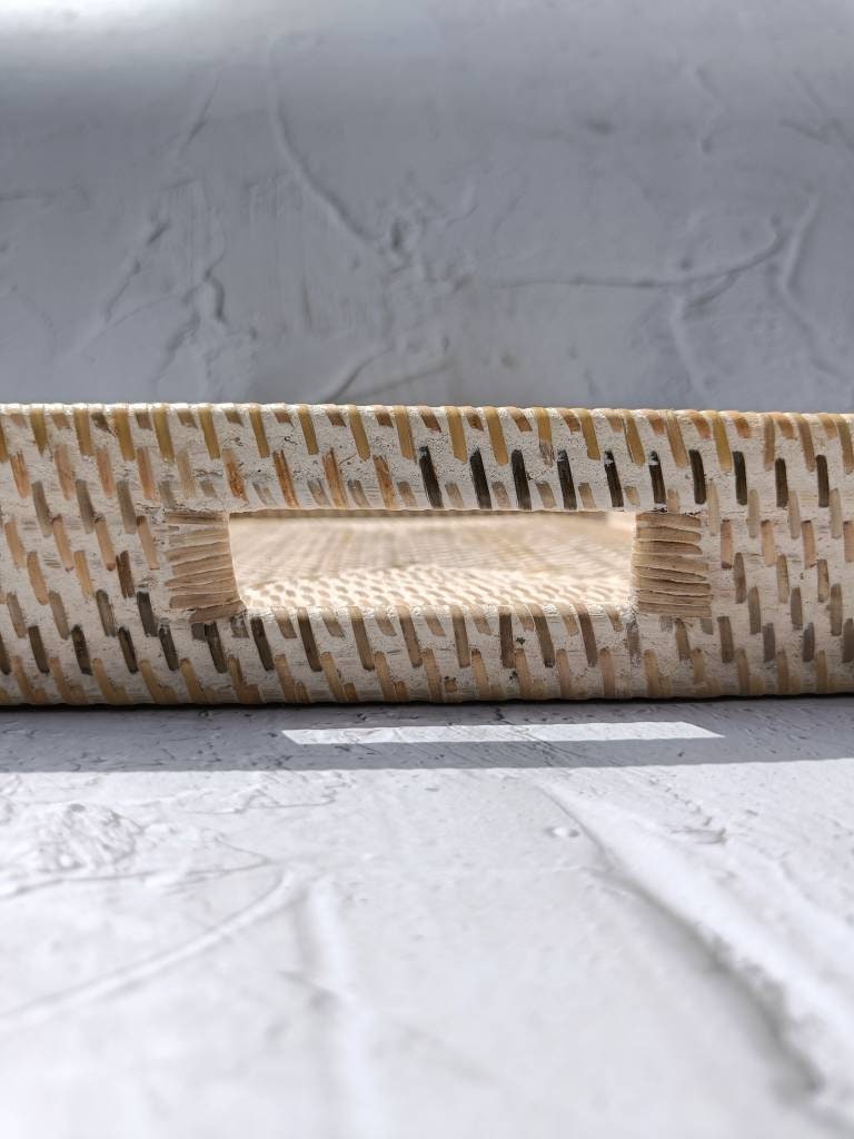 Serving Tray, White Wash Rectangular Rattan Tray With Cut Out Handle, Breakfast Tray