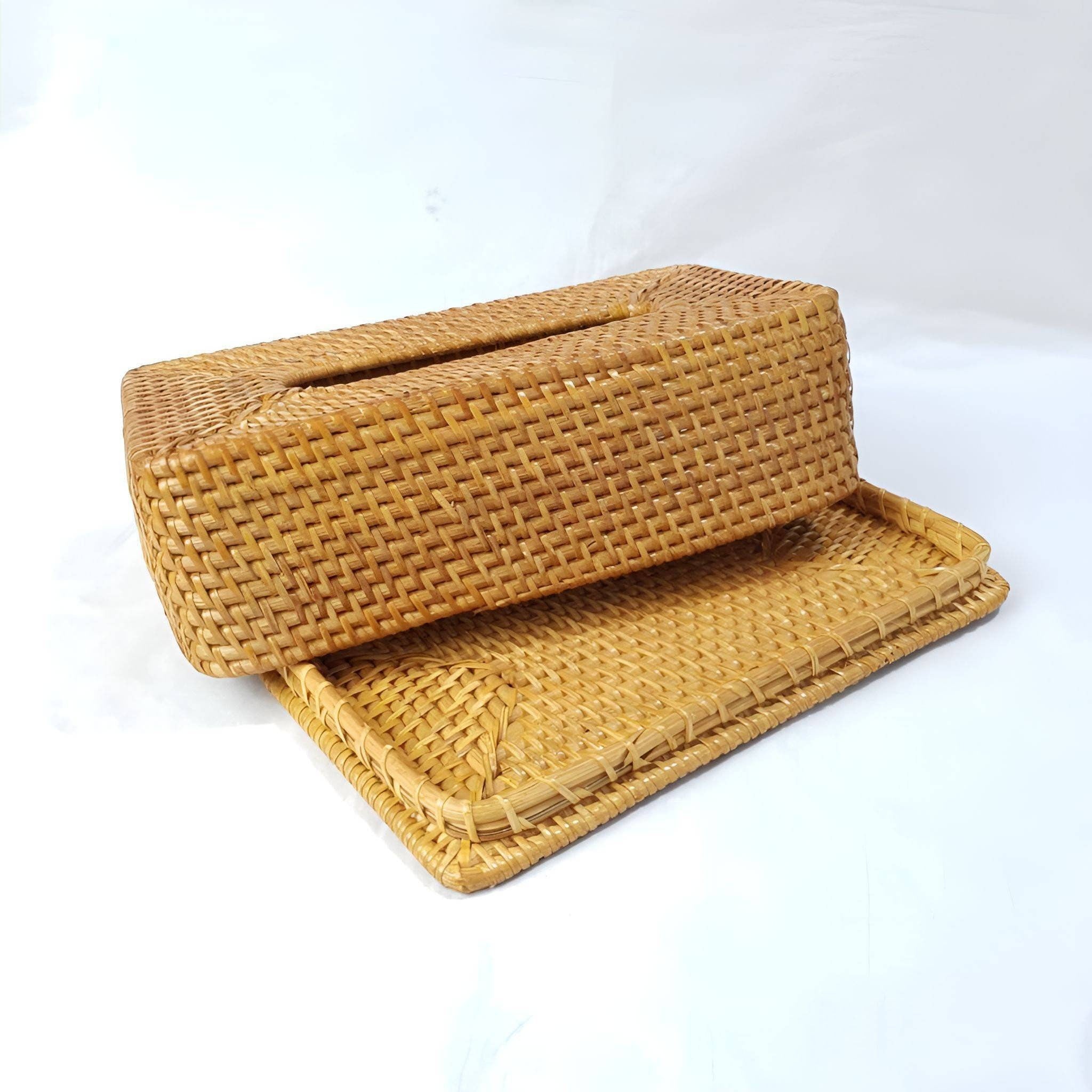 Rattan Tissue Box With Bottom Lid, Bohemian Decor