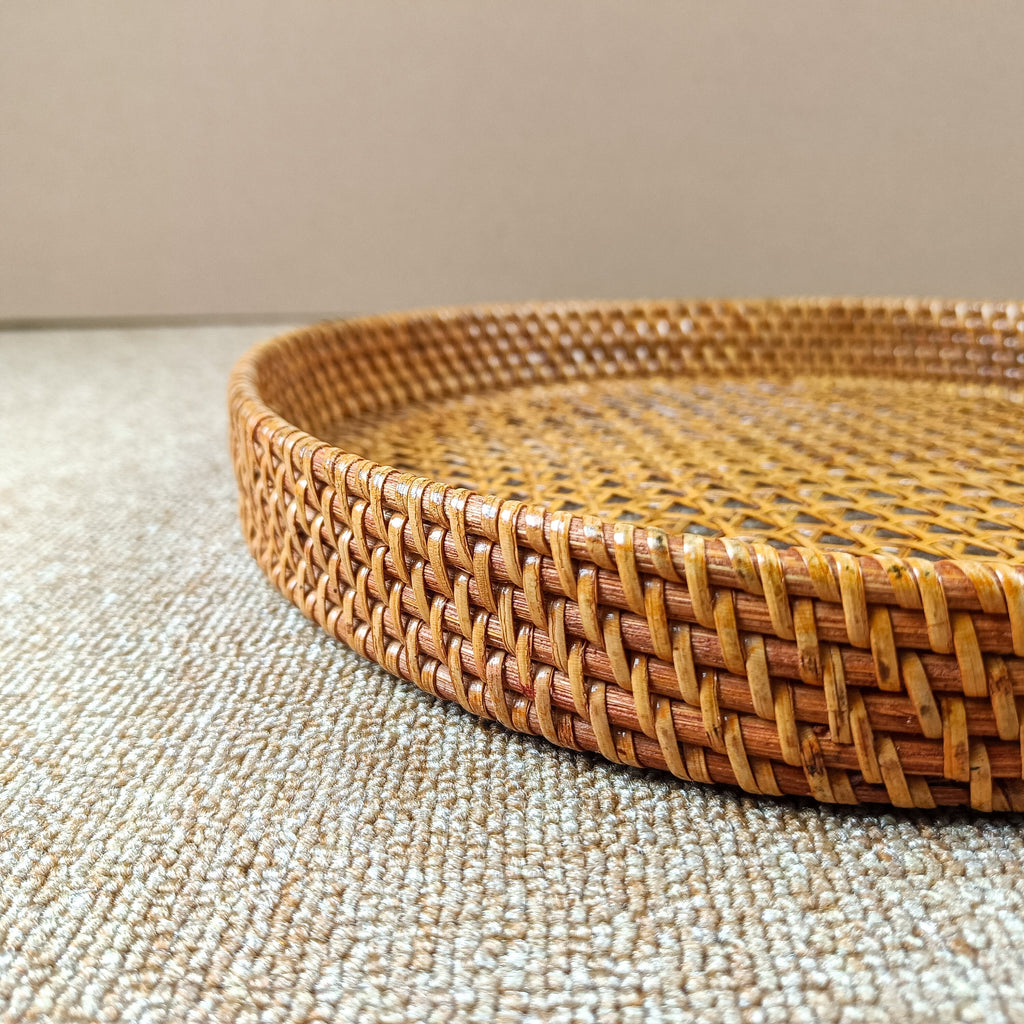 Brown Round Rattan Webbing Tray for Coffee Table, Ottoman Tray, Wicker Boho Decorative Tray