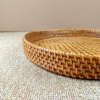 Brown Round Rattan Webbing Tray for Coffee Table, Ottoman Tray, Wicker Boho Decorative Tray