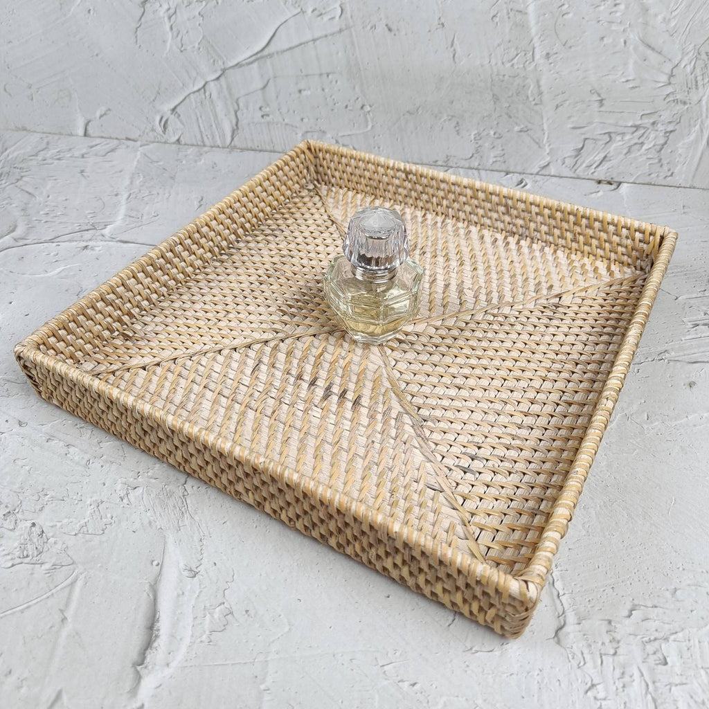 White Woven Rattan Square Tray, Straw Serving Tray, Decorative Boho Tray for Table Decor, Perfume Tray