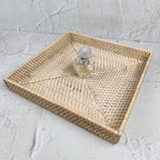 White Woven Rattan Square Tray, Straw Serving Tray, Decorative Boho Tray for Table Decor, Perfume Tray