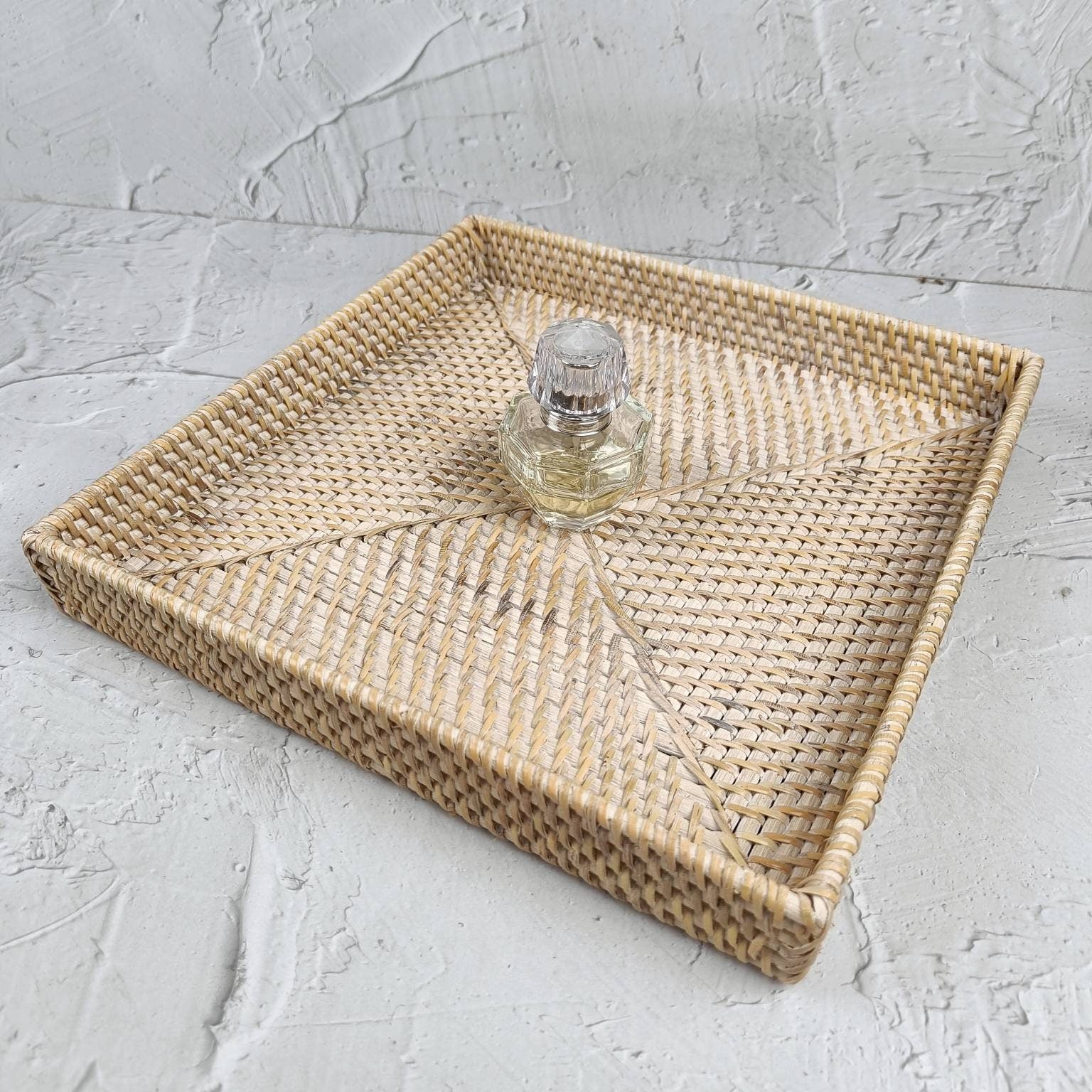White Woven Rattan Square Tray, Straw Serving Tray, Decorative Boho Tray for Table Decor, Perfume Tray