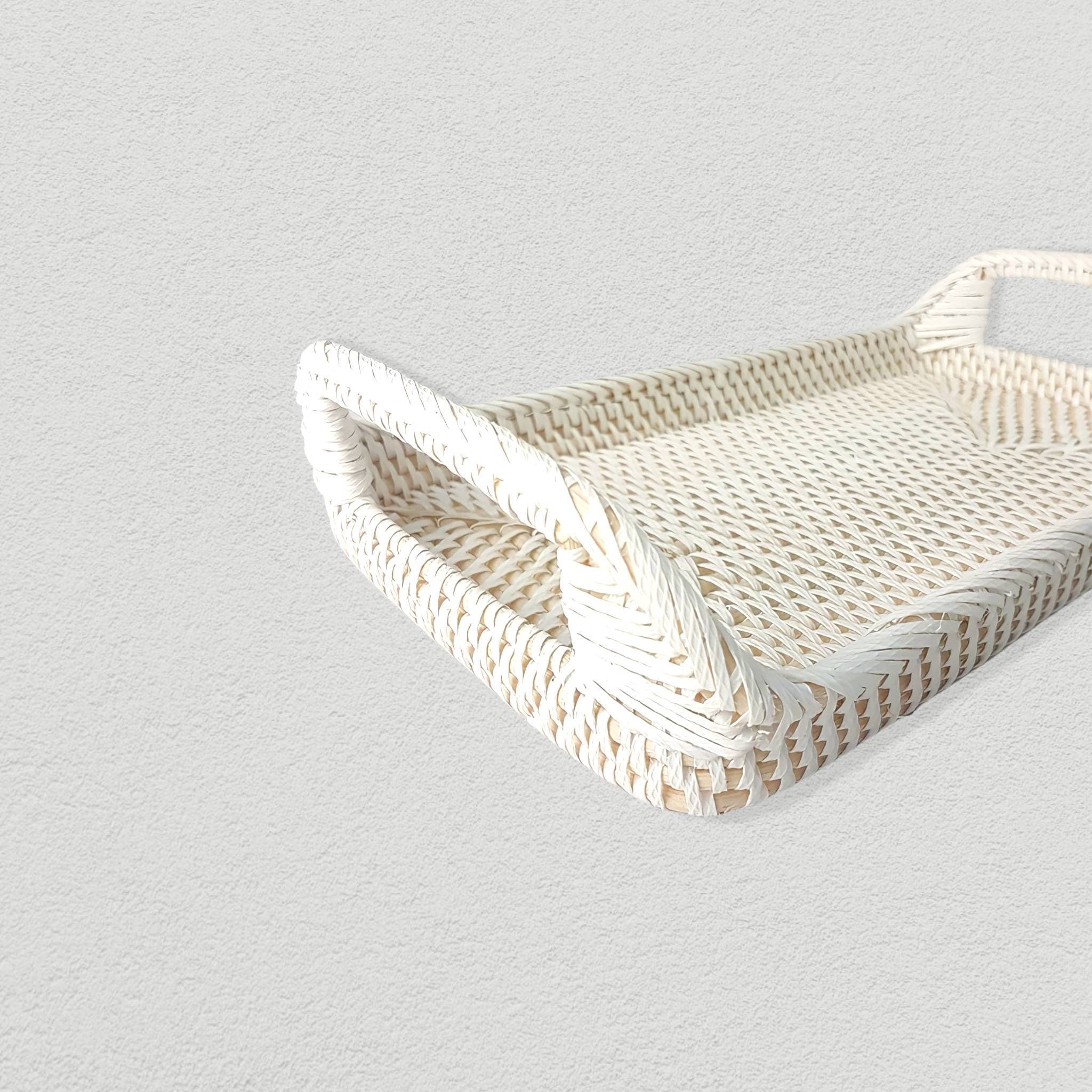 Rectangular Rattan White Tray - Wicker Serving Tray - Boho Tray For Coffee Table - Natural Home Decor