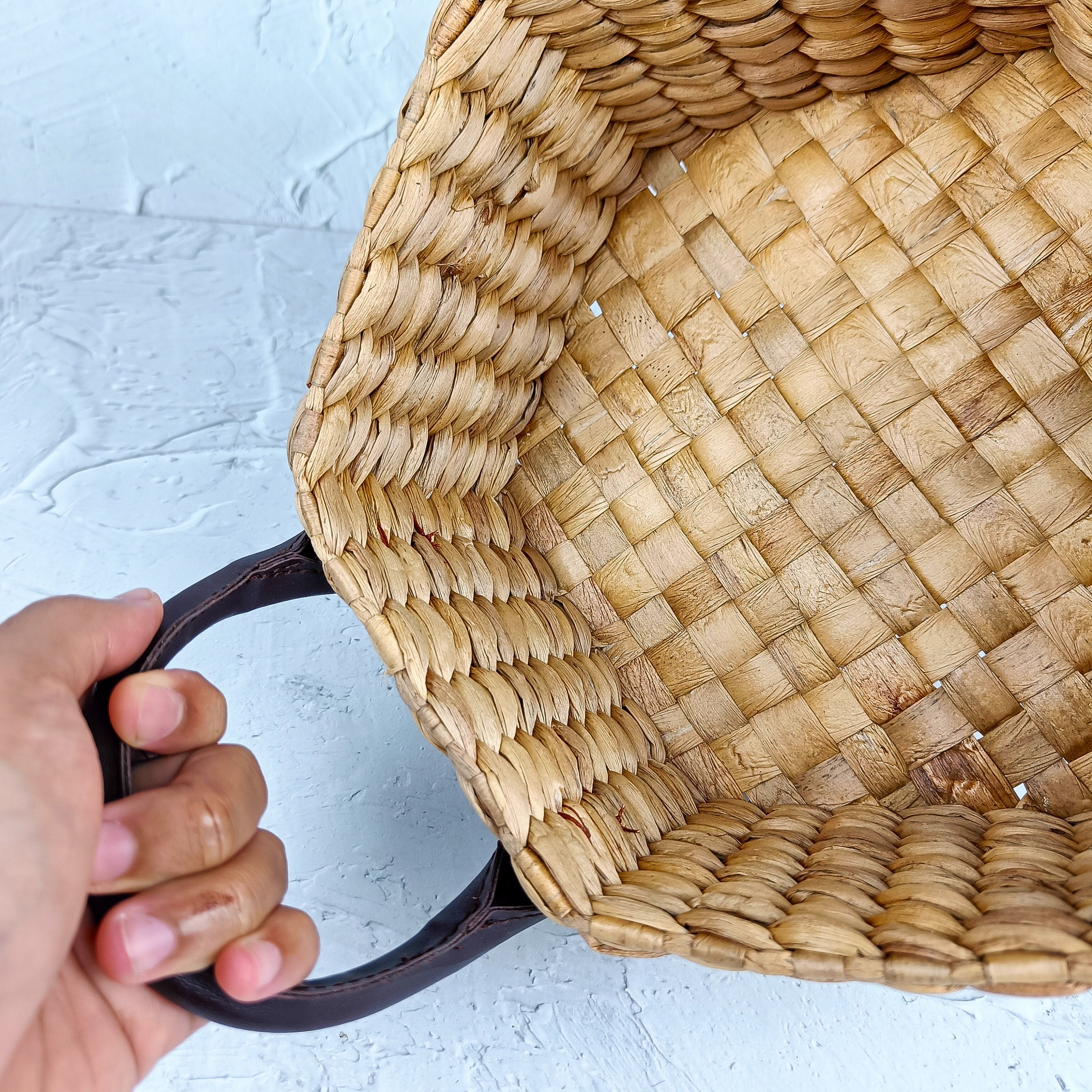 Handwoven Hexagonal Water Hyacinth Basket with Tall Synthetic Leather Handle, Decorative Tray