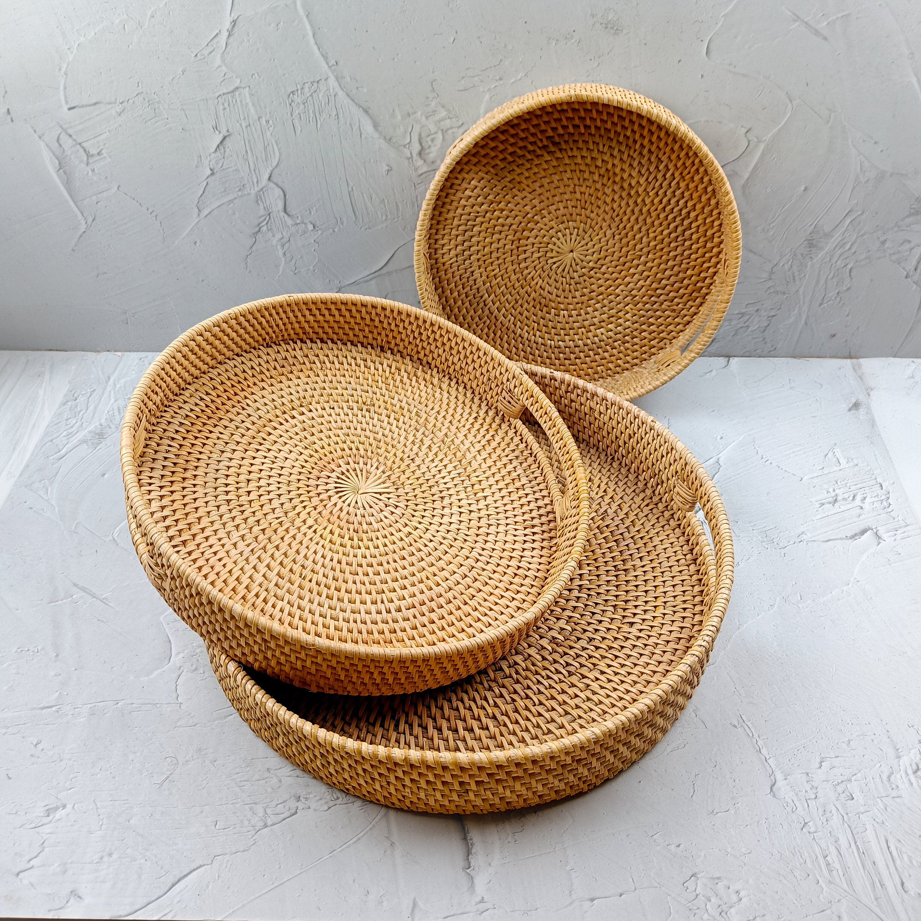Handmade Natural Beige Rattan Tray with Insert Handles – Versatile Round Trays for Any Occasion – Available in 3 Sizes