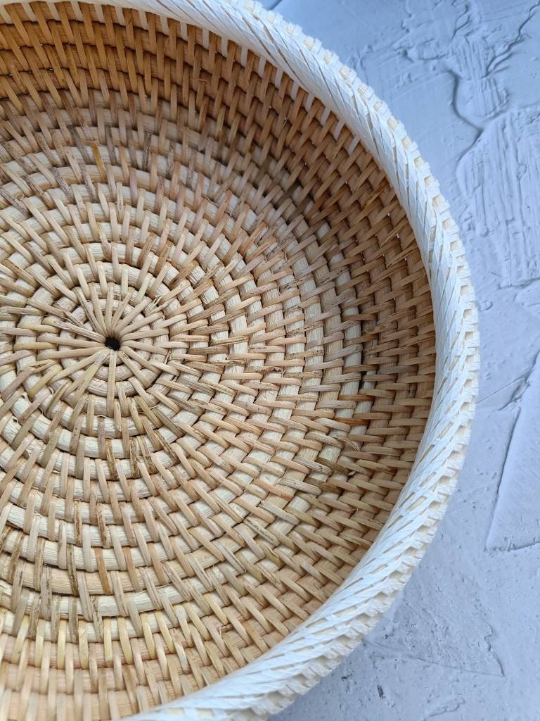 Handwoven Two Tone Round Rattan Bowl | Decorative Bowl | Fruit Basket | Round Boho Straw Serving Bowl for Table