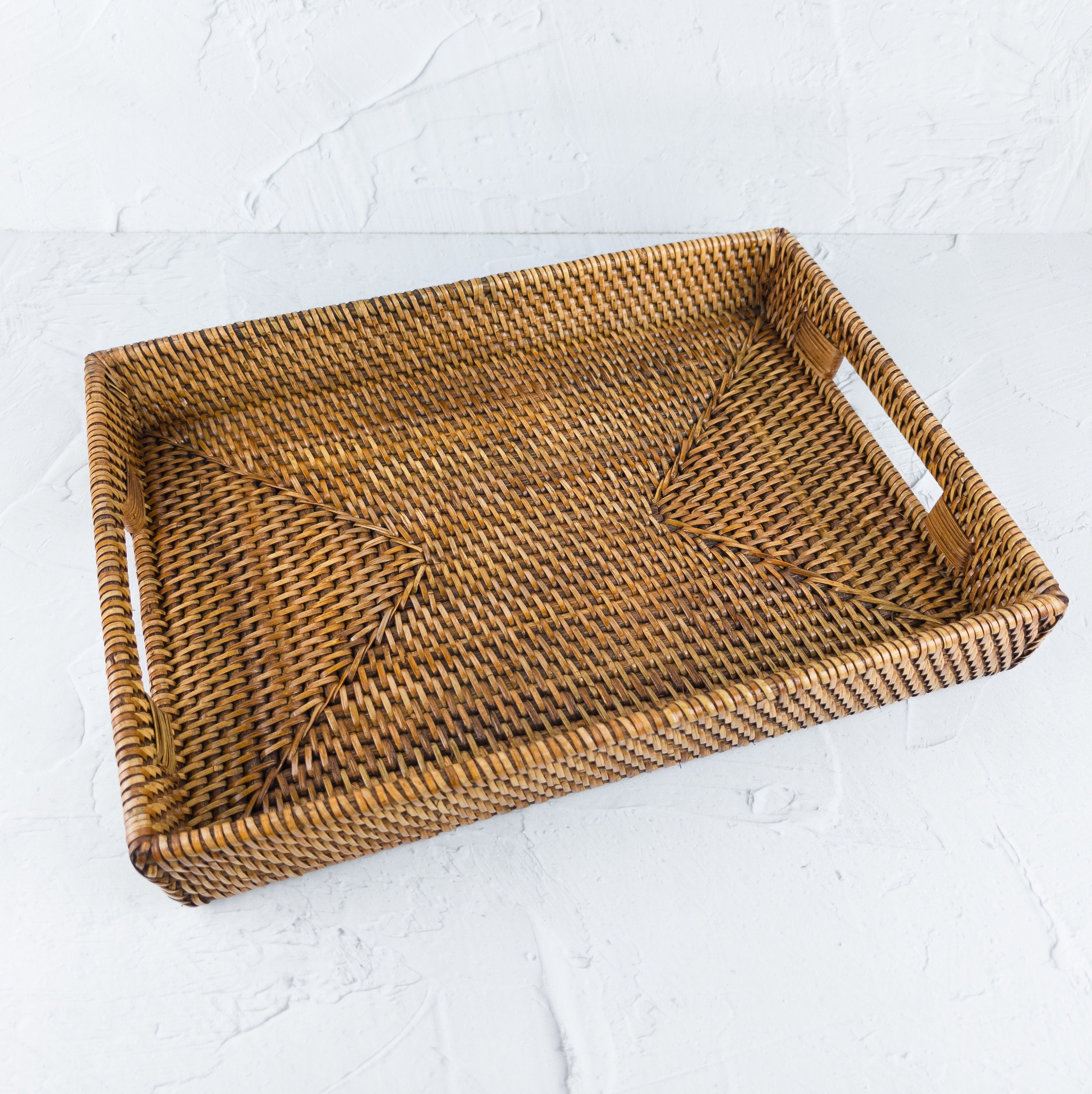 Classic Handmade Natural Woven Rattan Rectangle Tray with Handles for Serving and Decorating - Perfect for Coffee Tables and Home Decor