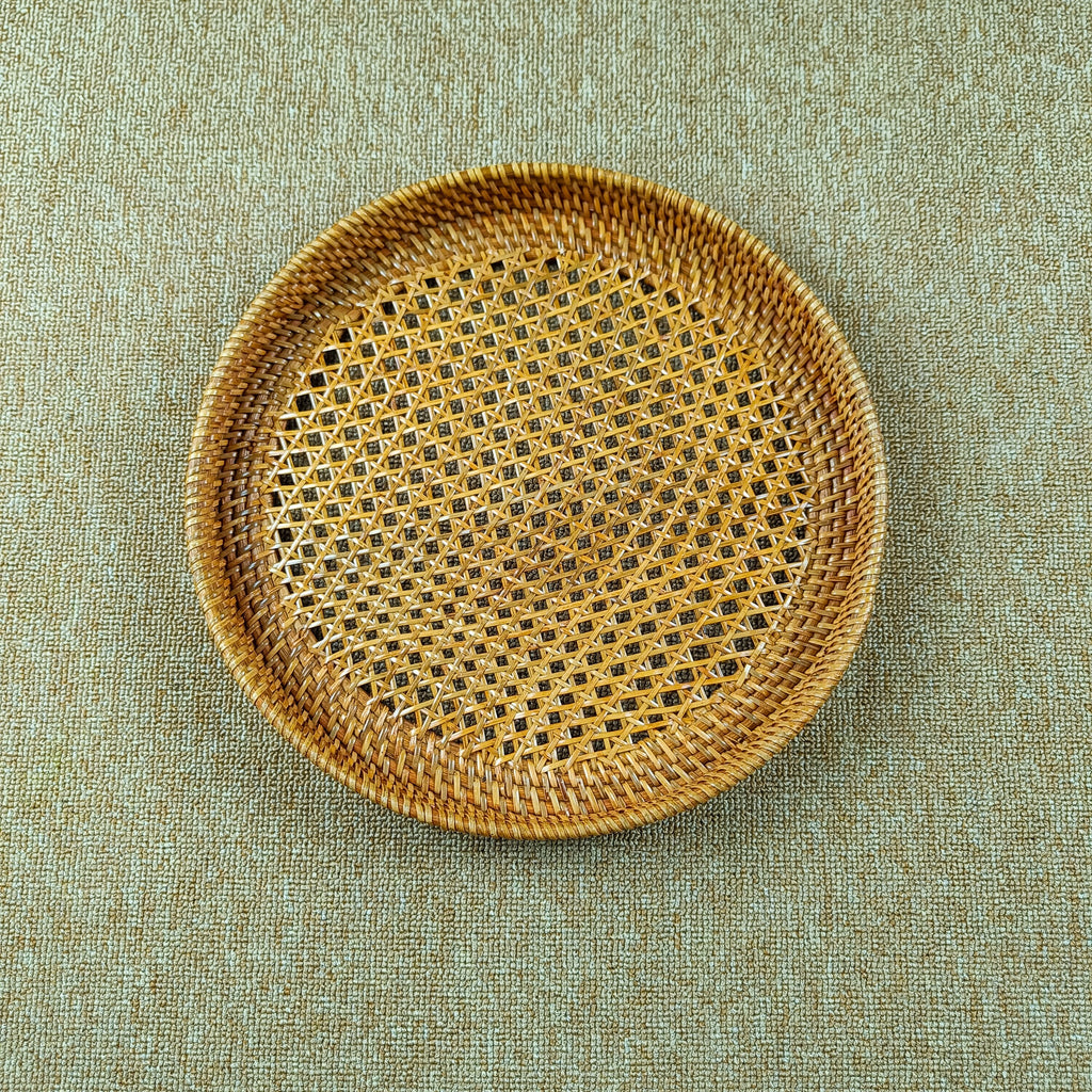 Brown Round Rattan Webbing Tray for Coffee Table, Ottoman Tray, Wicker Boho Decorative Tray