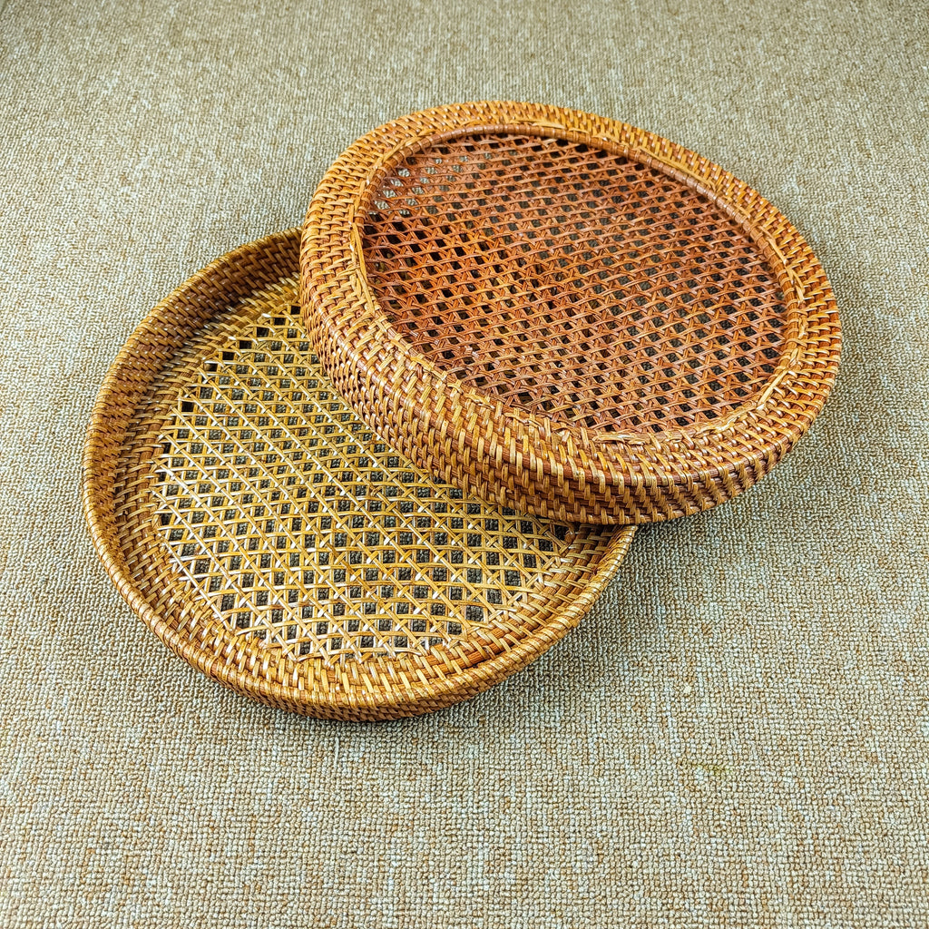 Brown Round Rattan Webbing Tray for Coffee Table, Ottoman Tray, Wicker Boho Decorative Tray